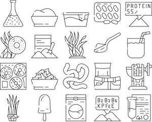 Spirulina Nutrition Ingredient Icons Set Vector. Spirulina Natural Ice Cream Food And Vitamin Healthcare Drink, Seaweed And Algae Plant For Prepare Tablets Drug And Powder Black Contour Illustrations