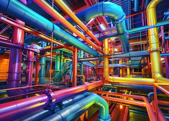 Colorful 3D visualization of a building's internal utility system, showcasing intricate networks of pipes, ducts, and cables, generated using artificial intelligence and CAD software.
