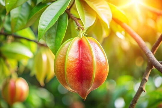 Close-up of a ripe star apple on a tree with sunlight and green leaves.