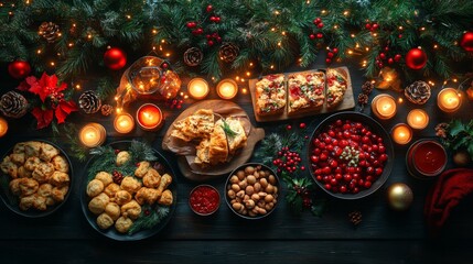 Festive holiday feast with assorted treats, candles, and decorations, creating a warm and inviting atmosphere.