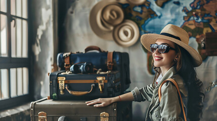 A woman in a straw hat and sunglasses smiles while standing near vintage suitcases, ready for a summer adventure.