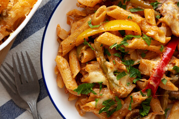 Homemade Fajita Pasta Bake on a Plate, top view. Flat lay, overhead, from above. Close-up.