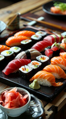 An exquisite assortment of nigiri sushi and maki rolls, featuring tuna, salmon, eel, and avocado, meticulously arranged on a traditional Japanese lacquerware platter