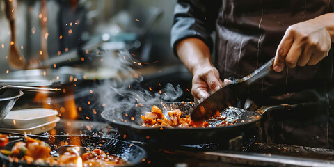Fototapeta premium Chef cooking food in a pan with orange and black colors, a dynamic image for restaurant and food blogs. 