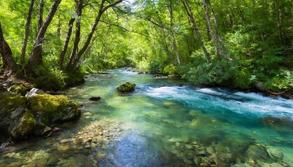 Obraz premium Crystal Clear River Flowing Through a Verdant Forest