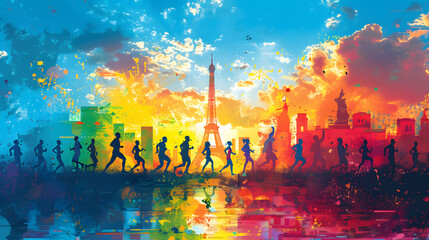 A colorful and dynamic illustration capturing the excitement and energy of the Paris Olympics 2024....