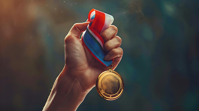 A realistic and minimalistic image of a hand firmly holding a gold medal adorned with a red, white, and blue ribbon. The background is a solid teal color