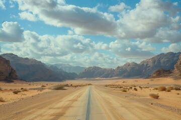 The road goes through the desert and goes to the mountains.