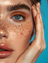 Naklejka premium Beautiful woman close-up portrait, with thick eyebrows and freckled skin, wearing peach fuzz colour makeup, posing for beauty magazine