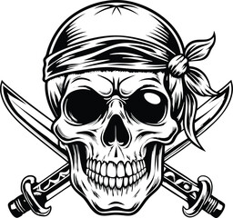 A pirate skull with knife  vector illustration silhouette monochrome style