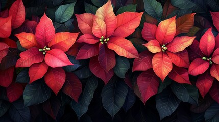 Vibrant red poinsettia flowers against a dark background, showcasing their stunning foliage and festive appeal.