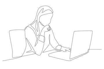 Female office employee is focused. Office concept one-line drawing
