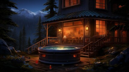 Obraz premium Hot tub outside the resort lodge in the forest with mountains in the background.