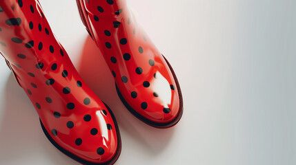 Obraz premium Stylish Red Boots with Black Polka Dots in Dynamic Overhead View