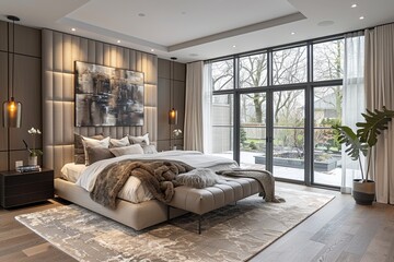 A large bedroom with a bed, a couch, and a potted plant