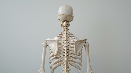 Human skeleton standing with a neutral background, showing spine, shoulder blades, ribs and bones