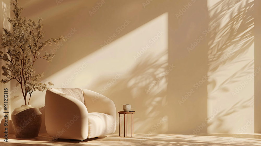 Poster sunlit minimalist living room with empty space and a plant casting shadows, creating a serene ambian