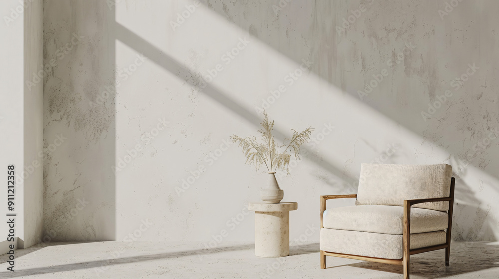 Poster minimalist white room with an armchair and a vase on a small table, sunlight is casting long shadows