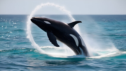 Killer Whale jumping in the sea flat. lovers orcas. lettering I love you. gift card, I love you with an inscription generative by ai..