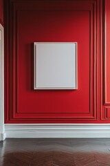 A red color empty room with a white frame on the wall --ar 3:2