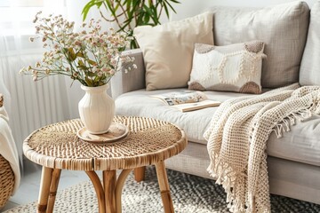 White Flowers in a Vase on a Wicker Side Table Beside a Grey Couch