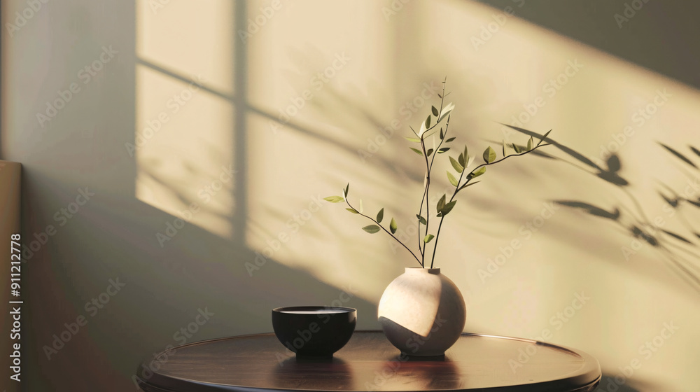 Poster sunlight creating shadows from a plant in a vase and a cup on a table in a contemporary, simple inte