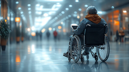 Obraz premium Patient in a wheelchair with a tablet mounted on the armrest, highly detailed realistic image