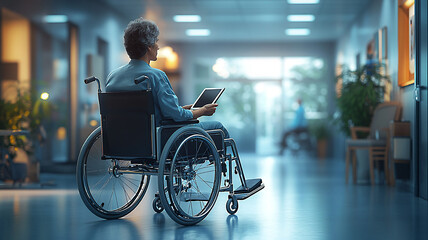 Obraz premium Patient in a wheelchair with a tablet mounted on the armrest, highly detailed realistic image