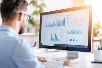Focused and dedicated professional intently analyzing data presented on his computer screen within a modern and stylish workspace