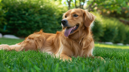 草の上で暑さに耐えるゴールデンレトリバー
