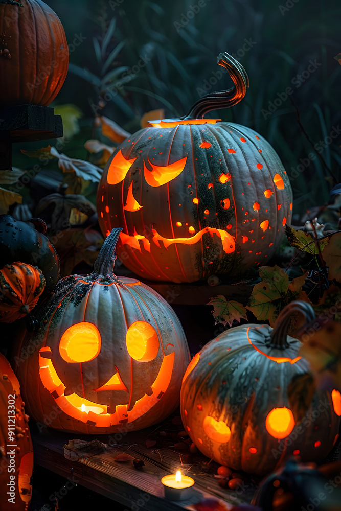 Wall mural carved pumpkins glowing in night