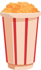 Large cardboard bucket with red vertical stripes, overflowing with delicious and buttery popcorn