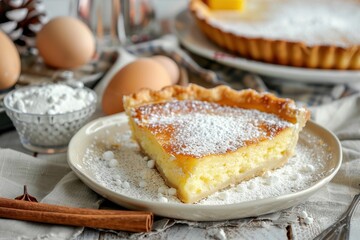 A serving of galatopita, a creamy semolina custard pie sprinkled with powdered sugar and cinnamon. 