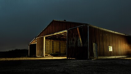Illuminated wooden barn at night with a dark, cloudy sky in the background © Wirestock