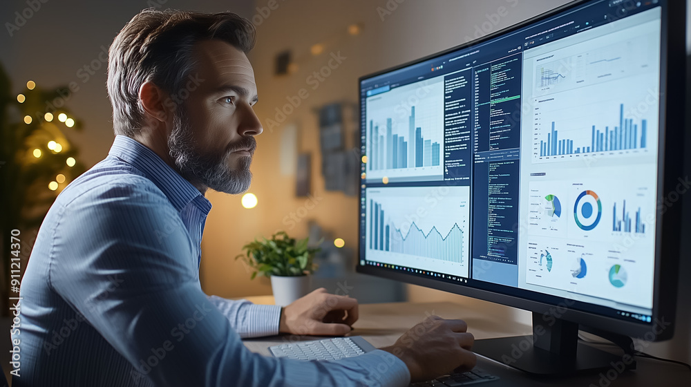 Poster focused data analyst is actively reviewing detailed interactive dashboards within a dynamic and mode