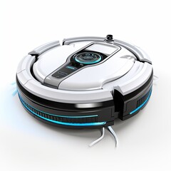This advanced robotic vacuum cleaner is a smart home essential, blending sleek design with cutting-edge technology for efficient cleaning. The white background enhances its futuristic appeal.