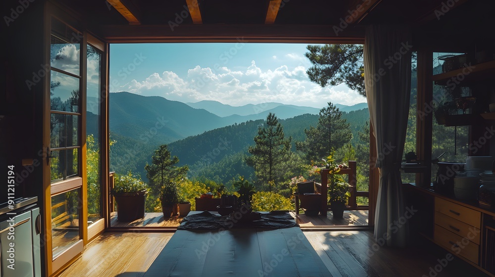 Wall mural beautiful mountain view from inside the house