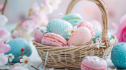 Pastel pink and blue Easter macarons in a wicker basket with delicate white blossoms, a perfect springtime treat. 
