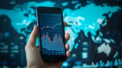 Hand holding smartphone with upward financial graph and global map in background