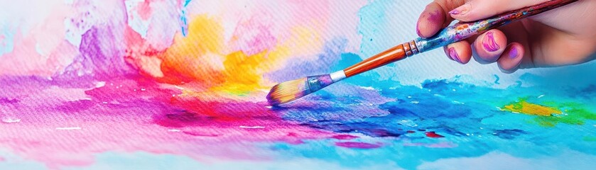 Obraz premium Closeup of a hand painting with a brush on a colorful canvas.