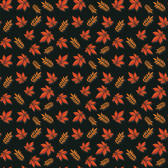 autumn leaves pattern, bright fall pattern with a dark green background, vector background for textile or book covers, wallpapers, design, graphic art, printing, hobby, invitation. continious image