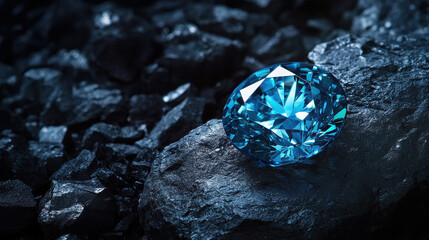 A stunning blue diamond gem resting amidst dark rocks, glistening under light, reflecting its brilliant cuts. The stark contrast highlights the gem�s beauty and value.