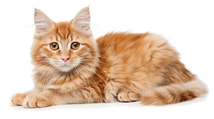 Fototapeta premium A cute ginger kitten with big eyes, lying on a white background, perfect for pet-related projects. 