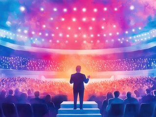 Illustration of a speaker addressing a large audience, colorful auditorium, emphasizing public speaking and inspiration.