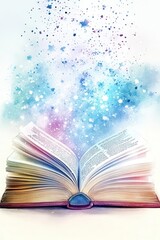 Open book with magical pink hearts swirling from pages, blue background.