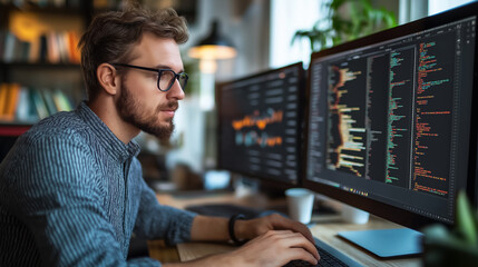 Focused Data Analyst is actively reviewing detailed Interactive Dashboards within a dynamic and modern Office Environment