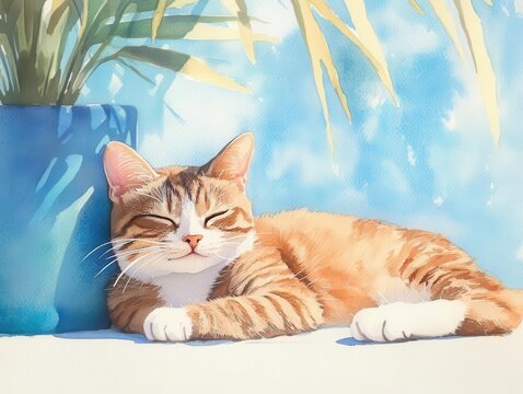 Watercolor illustration of a contented cat basking in sunlight beside a blue pot, creating a serene and cozy scene.