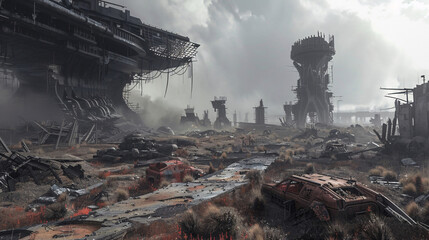 Post-Apocalyptic Wasteland Battleground with Ruins and Debris as Rival Factions Engage in Intense Combat