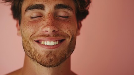 Obraz premium Handsome smiled white man with closed eyes and a facial expression of pleasure, veneer white teeth
