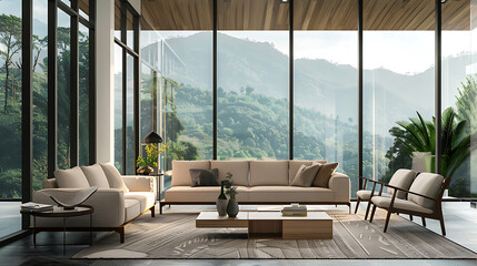Modern beige sofa and chairs in a living room with a stunning mountain view, showcasing a serene and luxurious lifestyle. 
